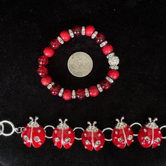 Ladybug Bracelets and Earrings Ladybird Toggle + Stretch Type and Studs EUC - Picture 6 of 7